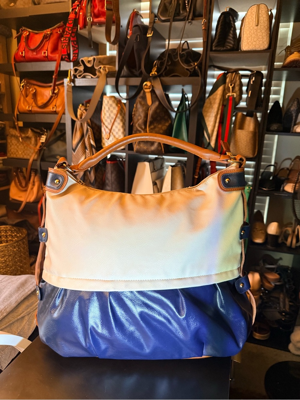 Two-Tone Cream and Blue Women’s Hobo Bag